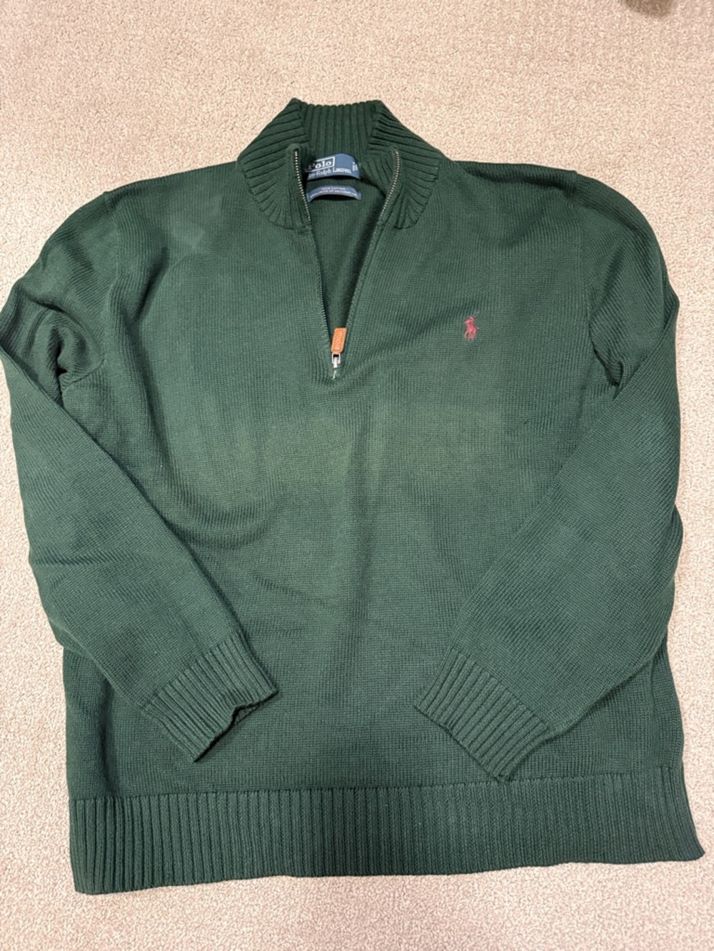 Polo by Ralph Lauren Men’s Dark Green Quarter-Zip Cotton Sweater with Red Pony